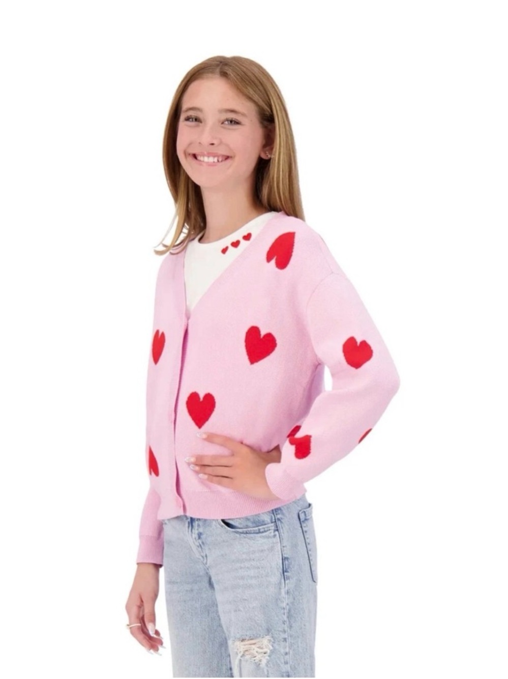 DKNY Girls Pink Heart Print Knit Cardigan Sweater Button Front Size M 10/12